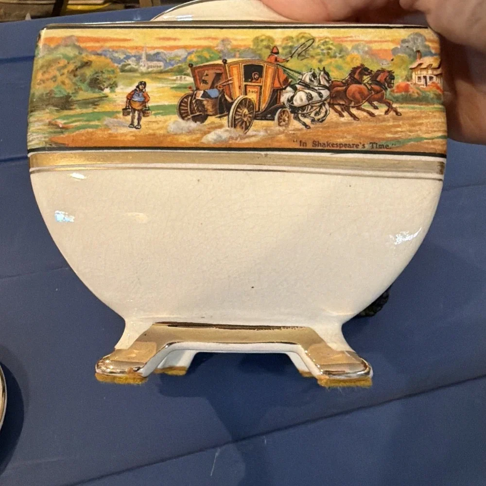 Antique 1920 Lancaster & Sons Lidded Biscuit Jar In Shakespeare's Time Gold Trim